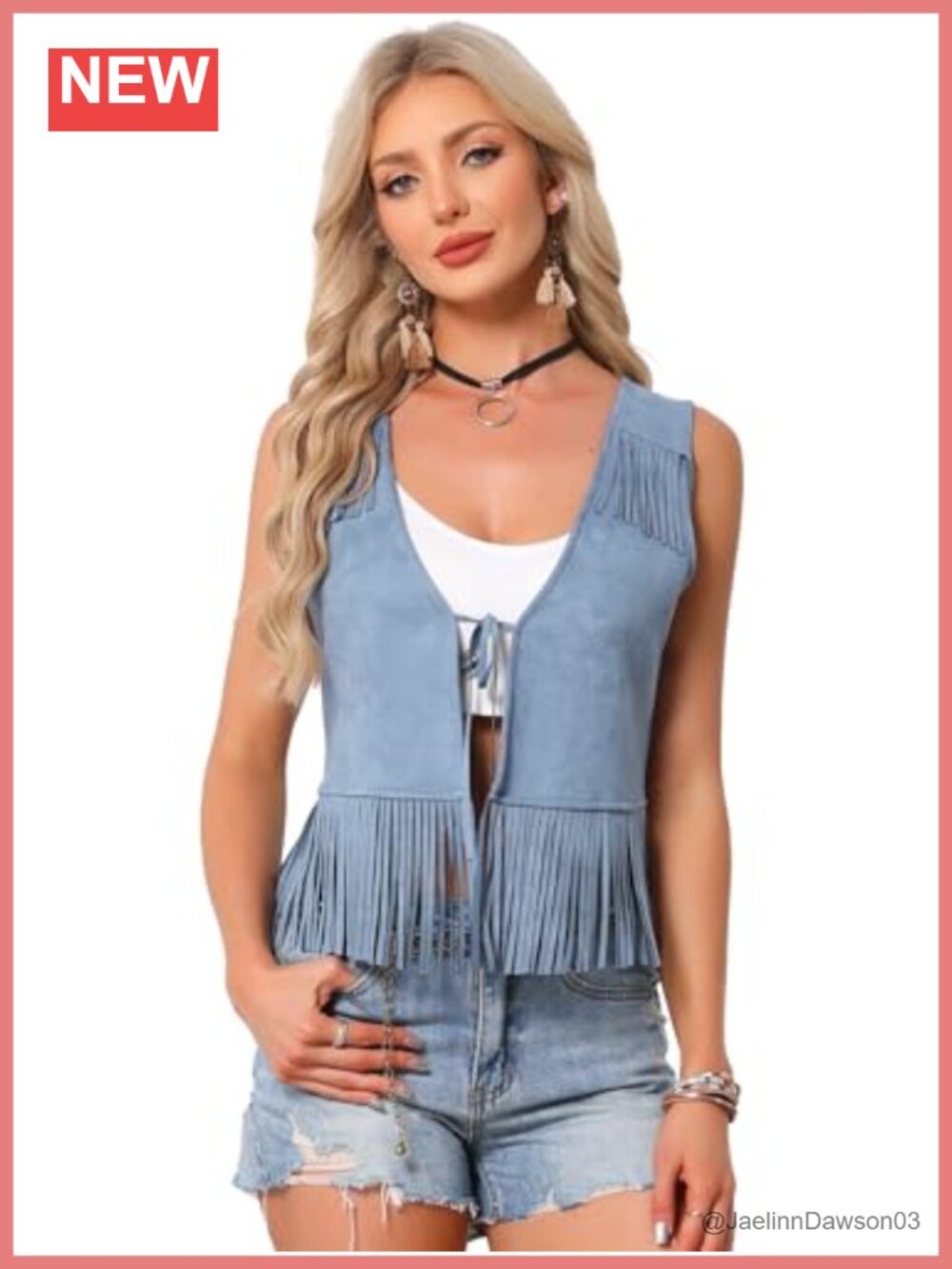 Faux Suede Fringe Sleeveless Western Vest Open Front Tie Up